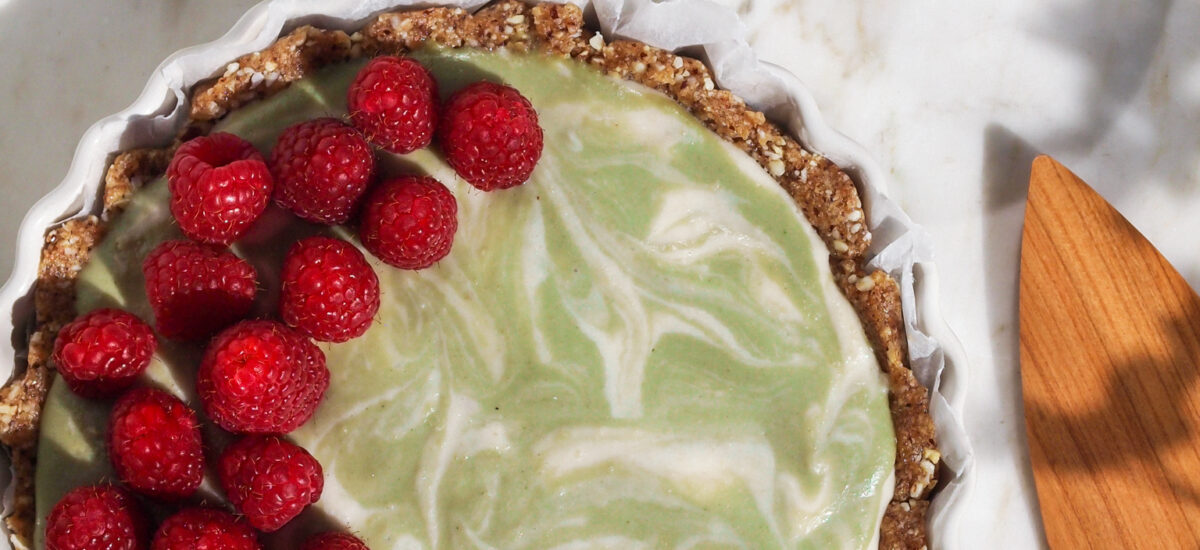 vegan raspberry matcha marble cheesecake