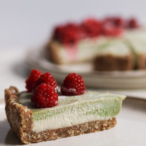 vegan raspberry matcha marble cheesecake