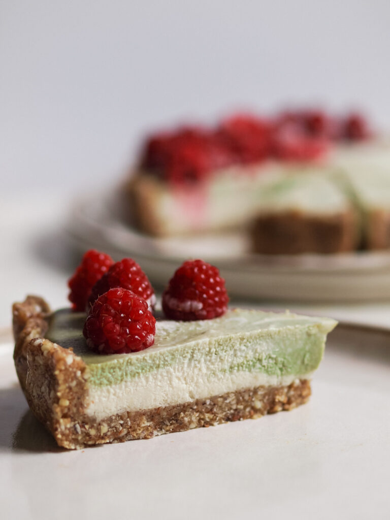 vegan raspberry matcha marble cheesecake