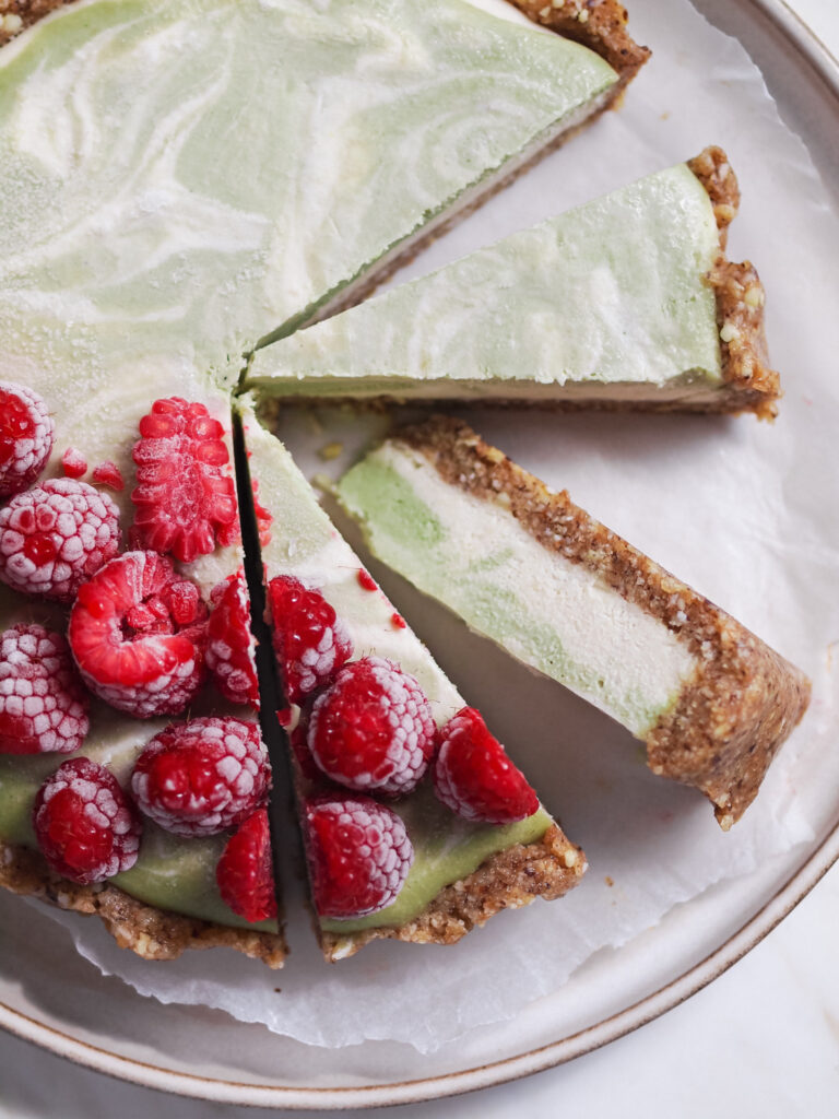 vegan raspberry matcha marble cheesecake