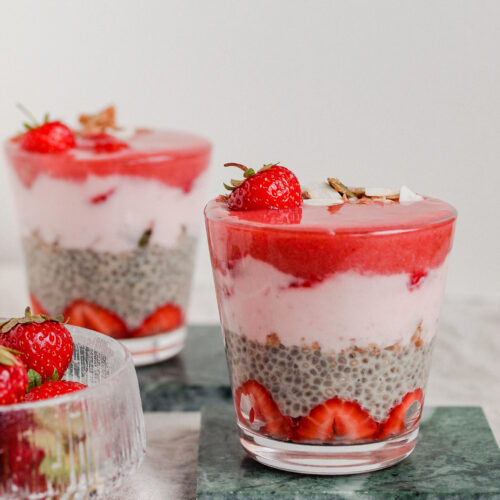 healthy vegan strawberries and cream breakfast chia parfait