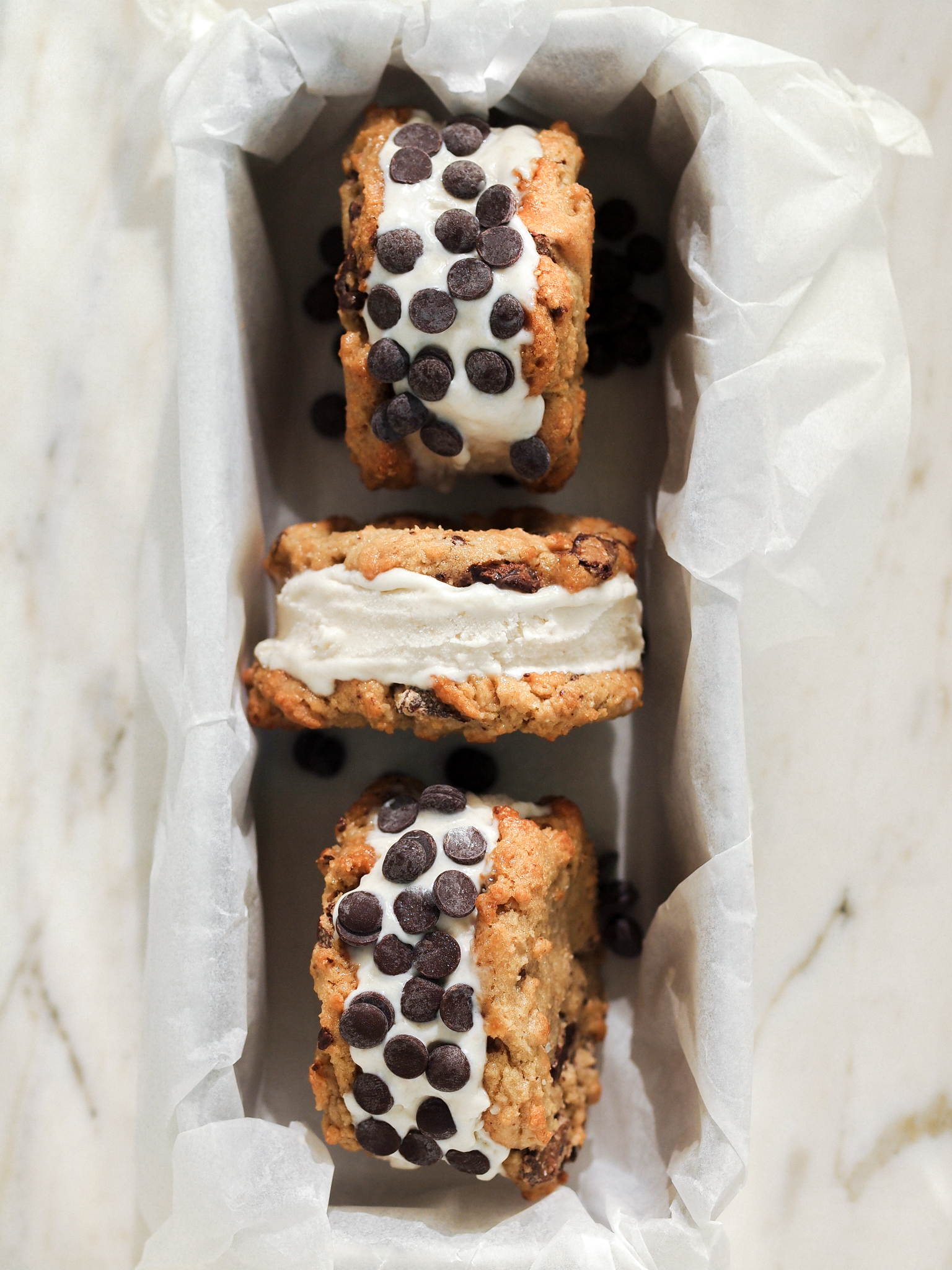 vegan tahini chocolate chip ice cream sandwiches