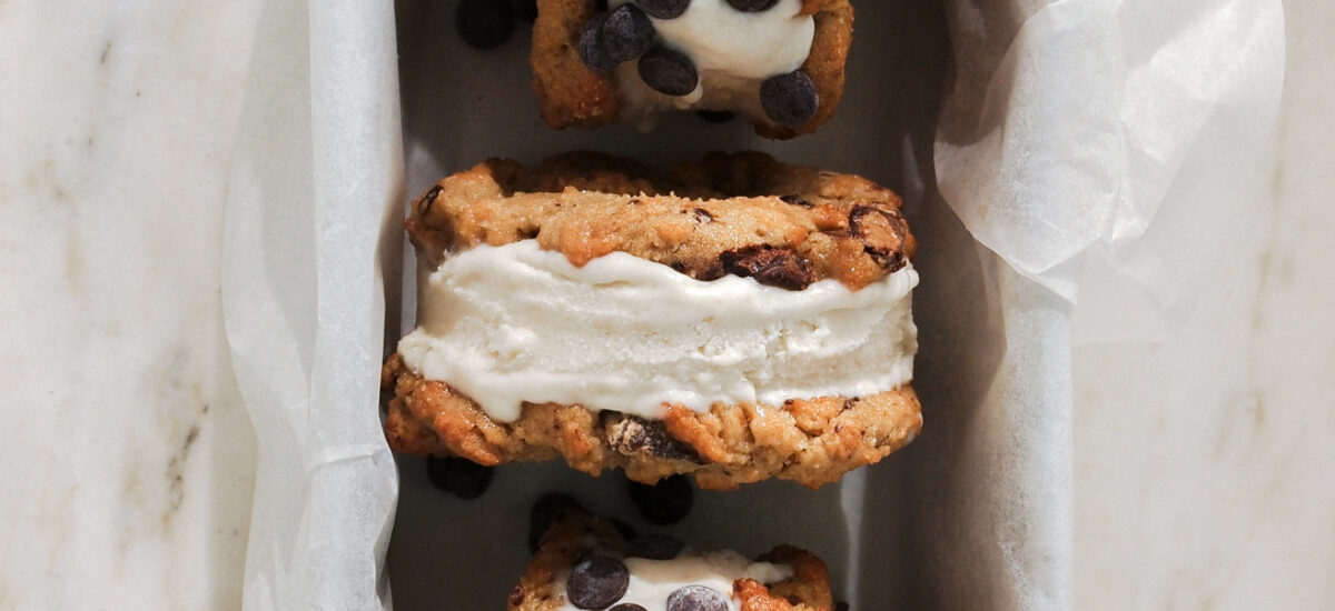 vegan tahini chocolate chip ice cream sandwiches