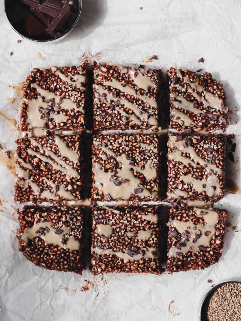 Healthy Chocolate Tahini Date Puff Squares