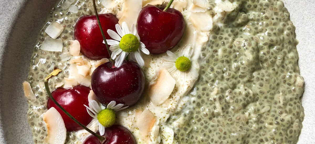 Healthy Creamy Cherry Coconut Matcha Pudding