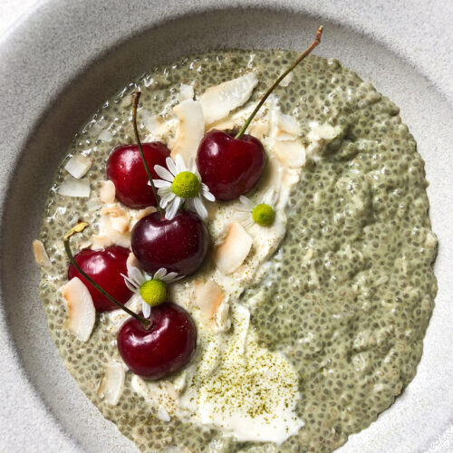 Healthy Creamy Cherry Coconut Matcha Pudding