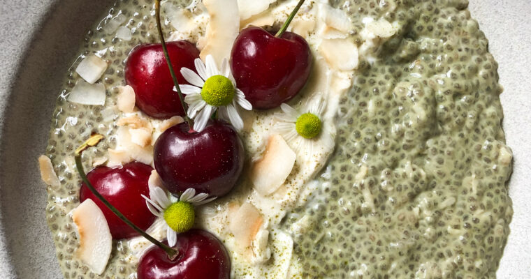 Healthy Creamy Cherry Coconut Matcha Pudding