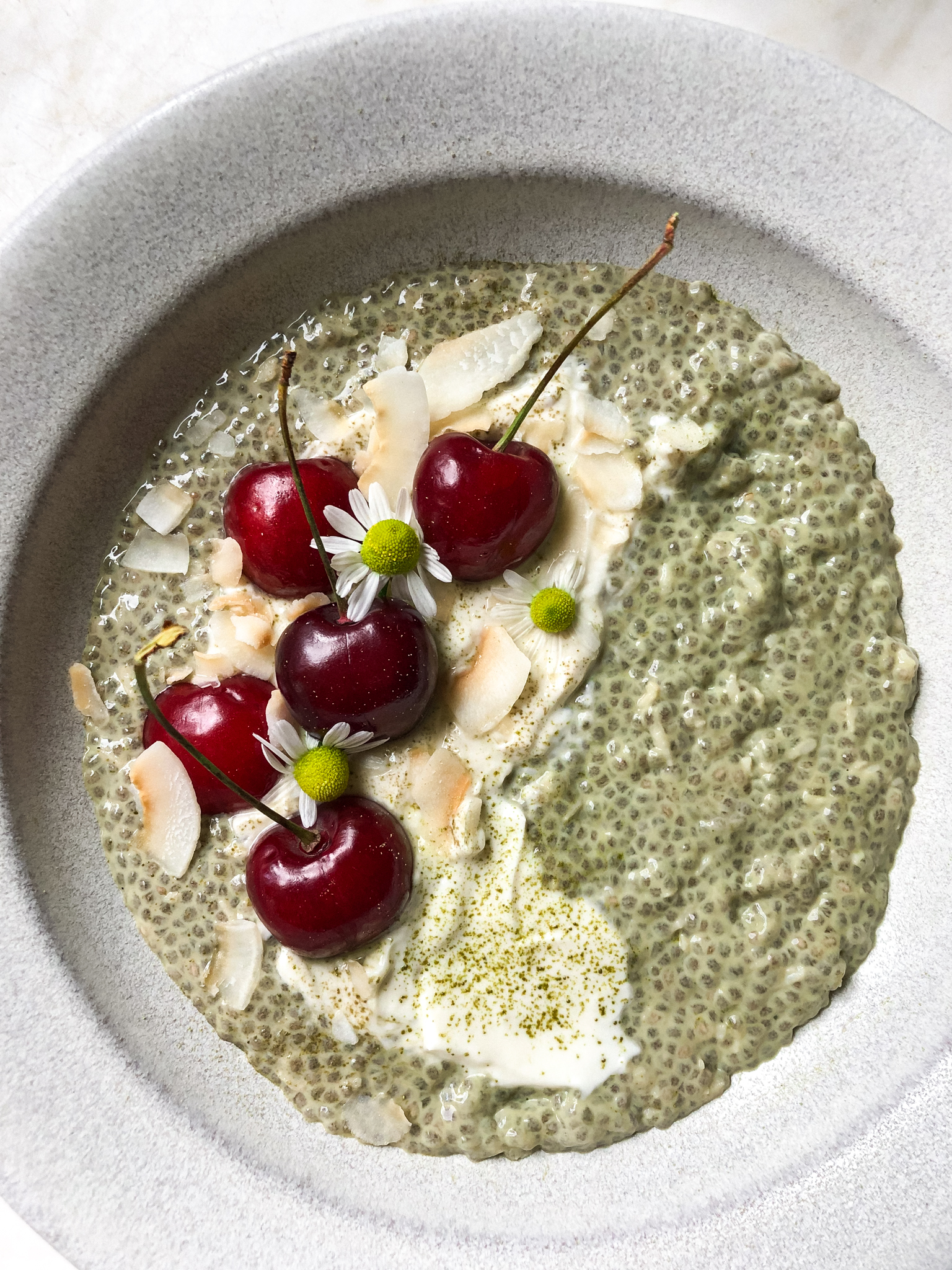 Healthy Creamy Cherry Coconut Matcha Pudding