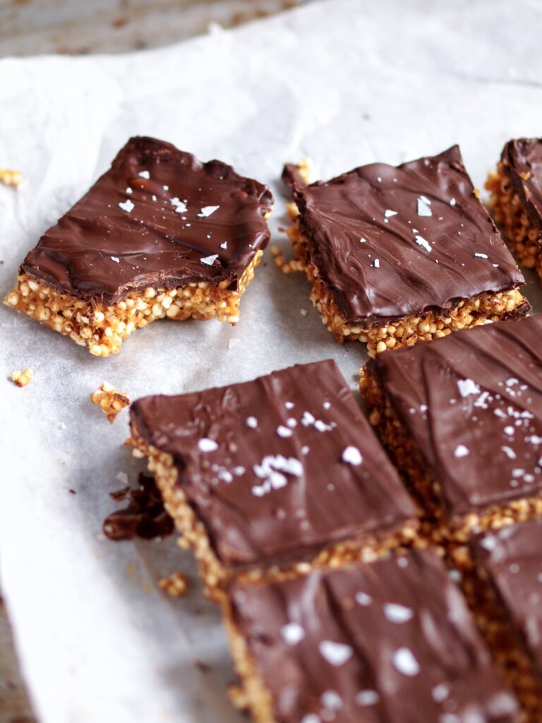 Healthy Chocolate and Peanut Butter Puffed Quinoa Squares