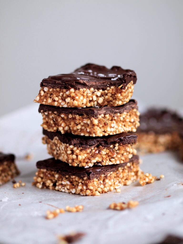 Healthy Chocolate and Peanut Butter Puffed Quinoa Squares baking me