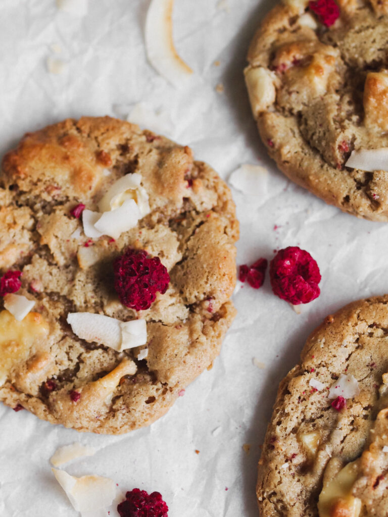 Healthier White Chocolate Raspberry Coconut Vegan Cookies