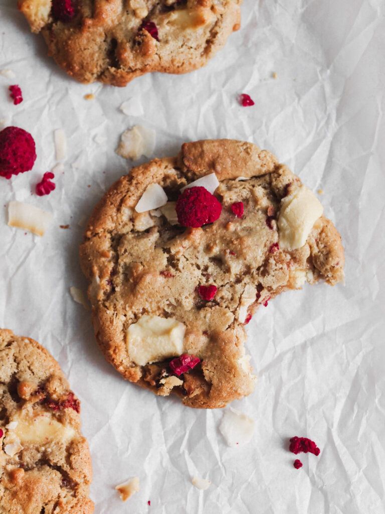 Healthier White Chocolate Raspberry Coconut Vegan Cookies