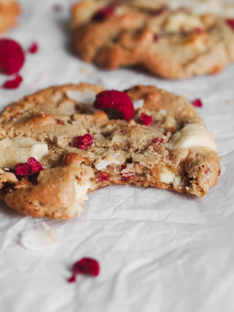 Healthier White Chocolate Raspberry Coconut Vegan Cookies