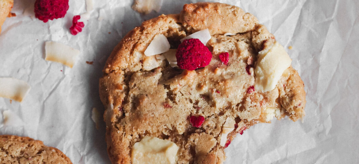 Healthier White Chocolate Raspberry Coconut Vegan Cookies