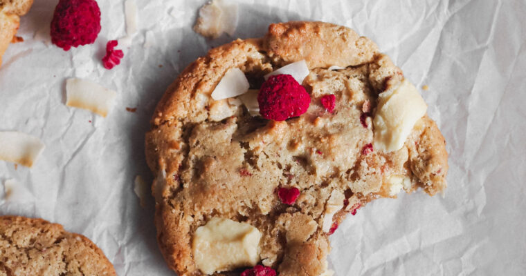 Healthier White Chocolate Raspberry Coconut Vegan Cookies