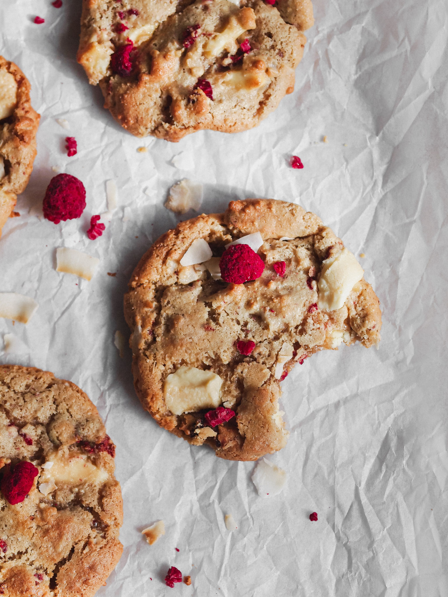 Healthier White Chocolate Raspberry Coconut Vegan Cookies