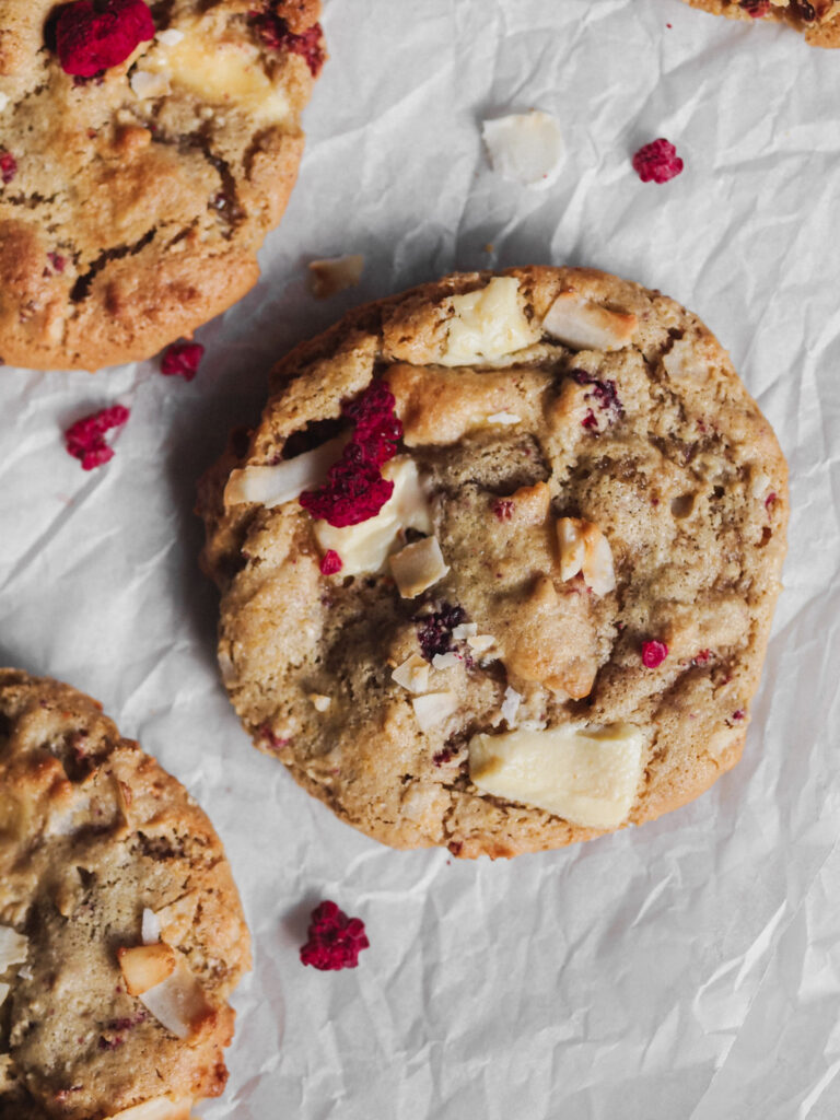 Healthier White Chocolate Raspberry Coconut Vegan Cookies