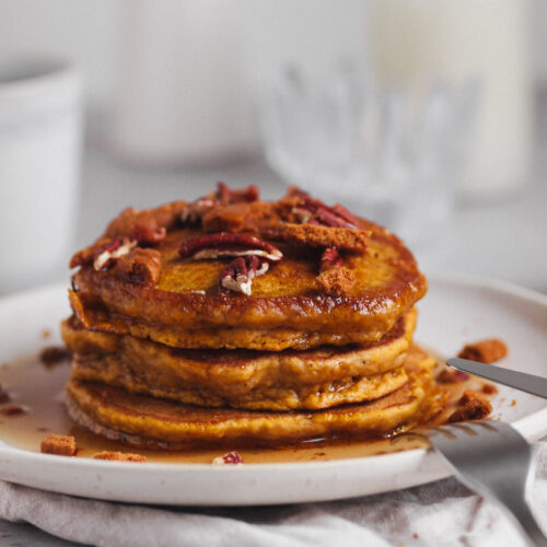 Fluffy Pumpkin Vegan Pancakes with Biscoff and Pecans