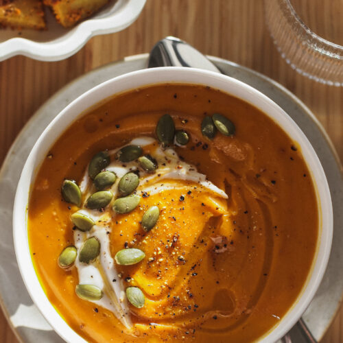 Creamy Roasted Butternut Squash and Tomato Soup with Vegan Protein