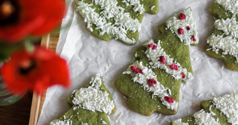 Snowy White Chocolate Matcha Vegan Tree Cookies