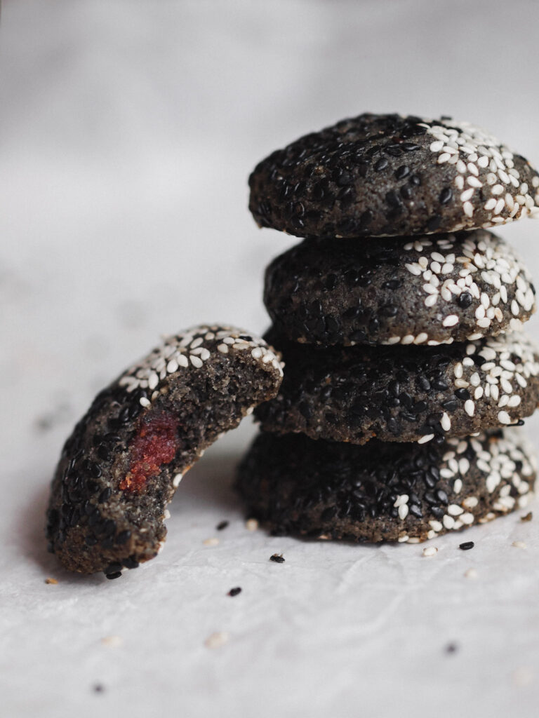 Black Sesame Maple Date Caramel Filled Vegan Cookies