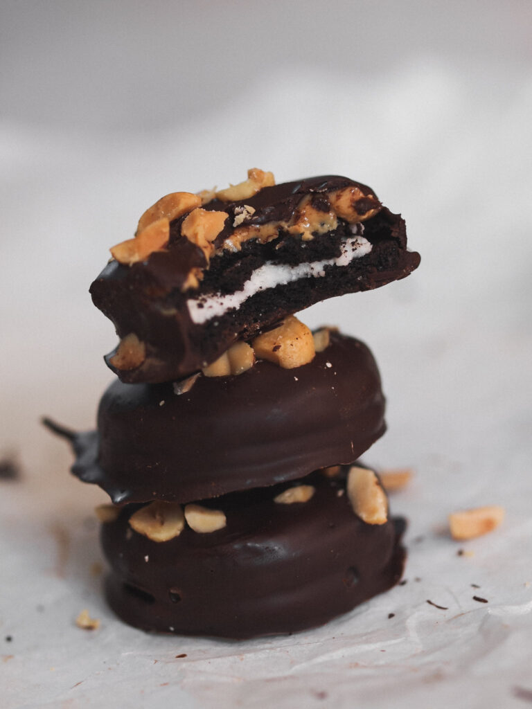 Peanut Butter Chocolate Dipped Oreos stacked